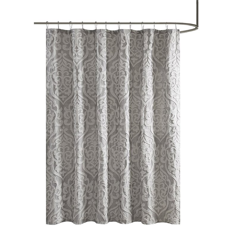 Pemberly Row Contemporary Polyester Jacquard Shower Curtain in Silver