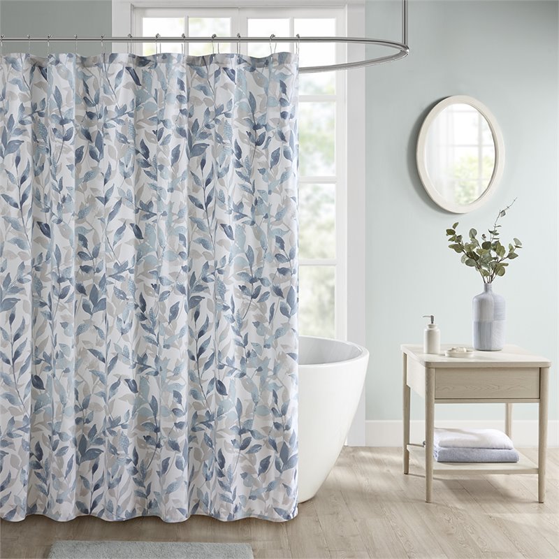 Pemberly Row Polyester Botanical Printed Shower Curtain in Blue