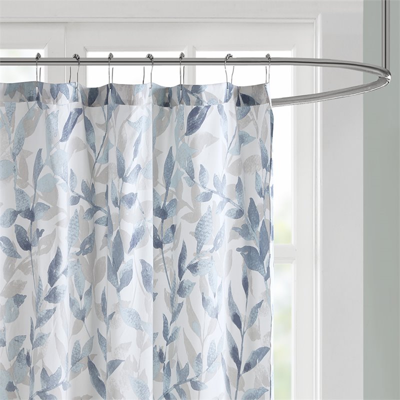 Pemberly Row Polyester Botanical Printed Shower Curtain in Blue