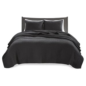 Pemberly Row Polyester Microfiber Solid Brushed Coverlet Set in Black