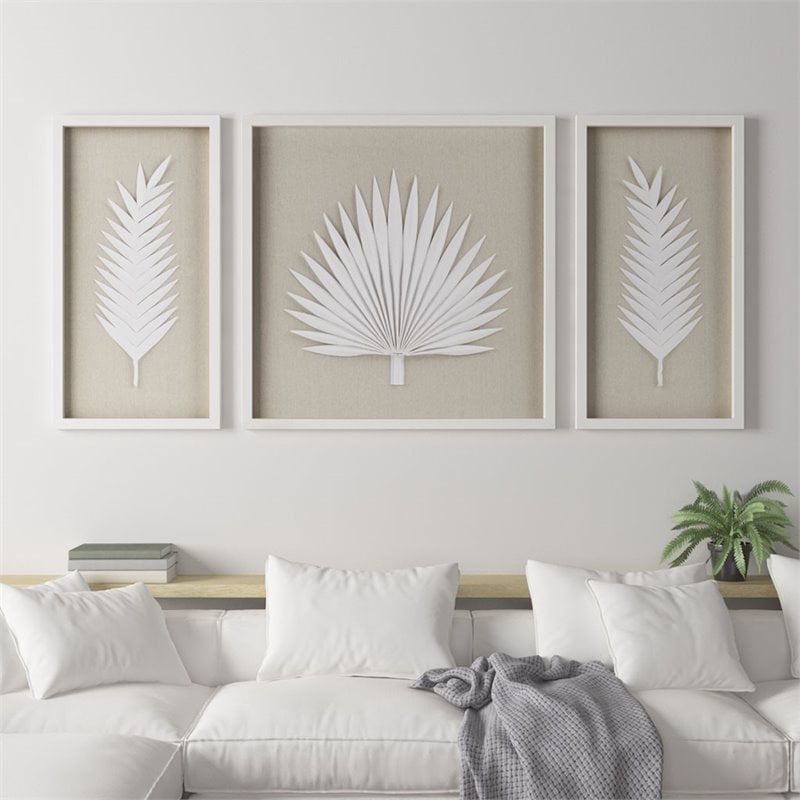 Pemberly Row 3-piece Palm Rice Paper Framed Shadow Box in Off White