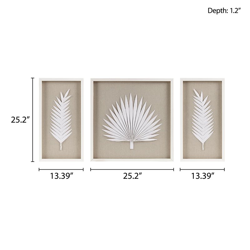Pemberly Row 3-piece Palm Rice Paper Framed Shadow Box in Off White
