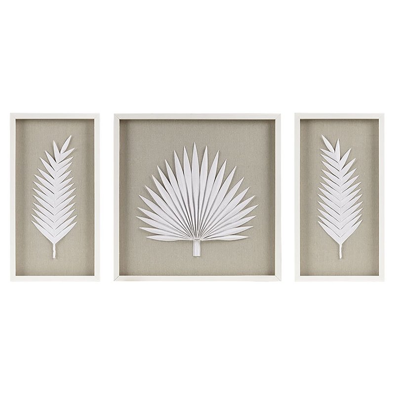 Pemberly Row 3-piece Palm Rice Paper Framed Shadow Box in Off White
