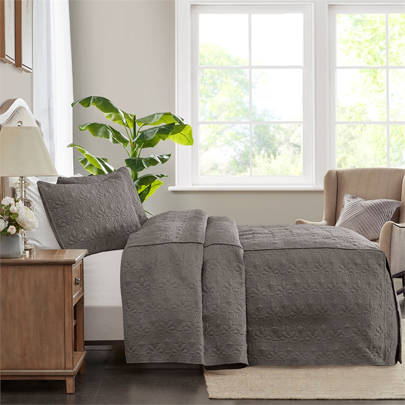 Pemberly Row 3-Piece Fabric Fitted Bedspread Set in Charcoal