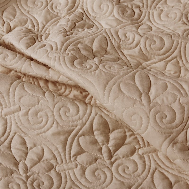 Pemberly Row Contemporary 3-Piece Fabric Fitted Bedspread Set in Khaki