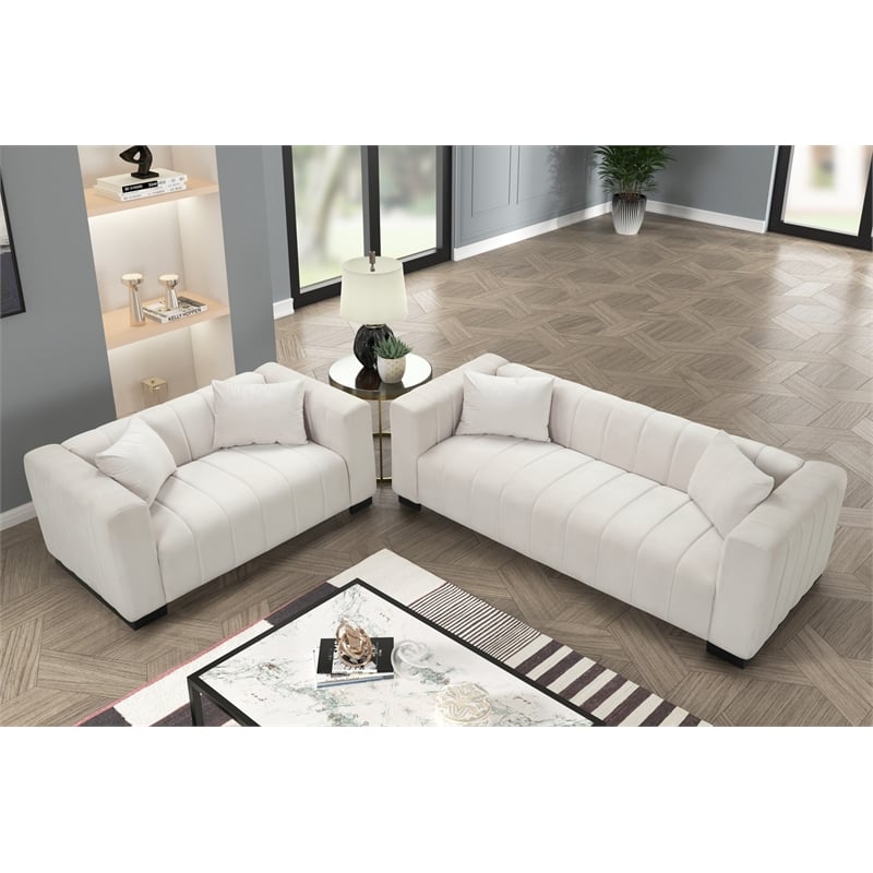 Pemberly Row 3-PC Living Room Furniture Velvet Sofa+Loveseat+Chair Set-Halfwhite