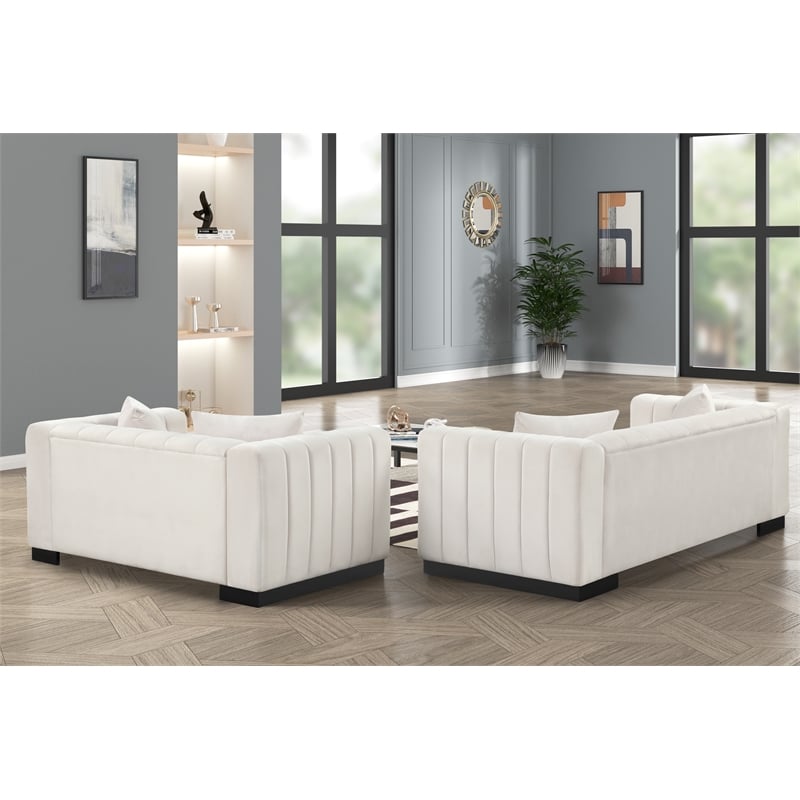Pemberly Row 3-PC Living Room Furniture Velvet Sofa+Loveseat+Chair Set-Halfwhite