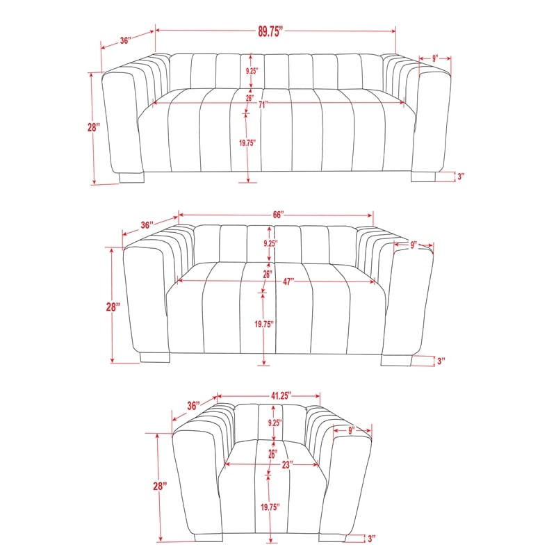Pemberly Row 3-PC Living Room Furniture Velvet Sofa+Loveseat+Chair Set-Halfwhite
