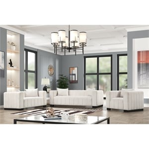 Pemberly Row 3-PC Living Room Furniture Velvet Sofa+Loveseat+Chair Set-Halfwhite