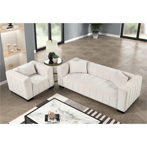 Pemberly Row 2-PC Living Room Furniture Velvet Fabric Sofa+Chair Set-Half white