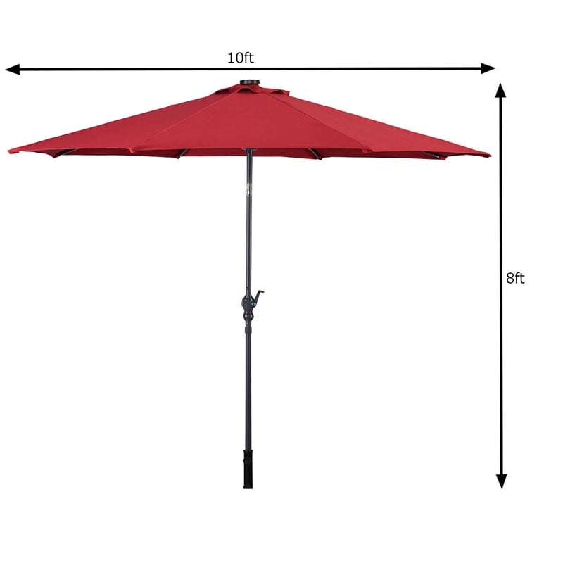 Pemberly Row 10ft Patio Solar Umbrella LED Patio Market Steel Tilt in Red