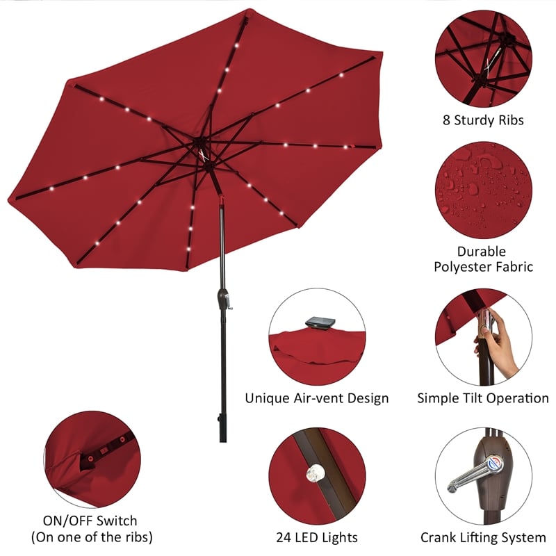 Pemberly Row 10ft Patio Solar Umbrella LED Patio Market Steel Tilt in Red