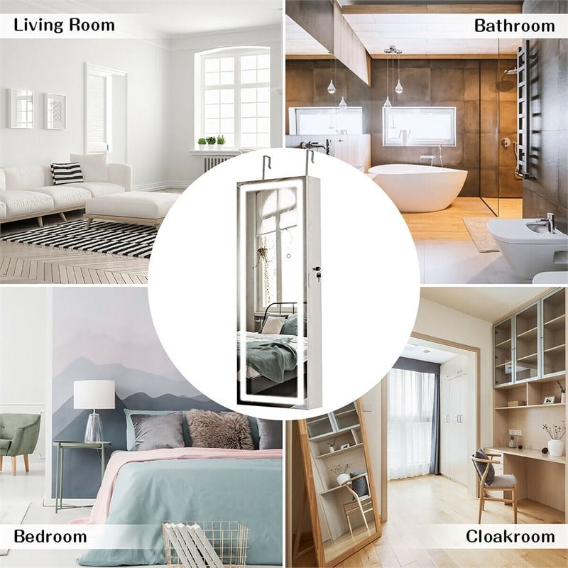 Pemberly Row Density Board & Wall/Door Mount LED Light Jewelry Cabinet in White