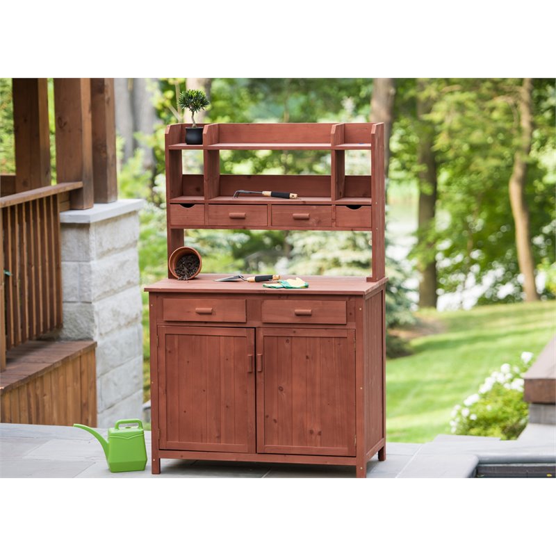 Pemberly Row Wood Potting Bench With Storage in Medium Brown