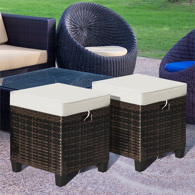 Pemberly Row 4 Pieces Rattan Outdoor Patio Ottoman with Cushion Seat in Brown