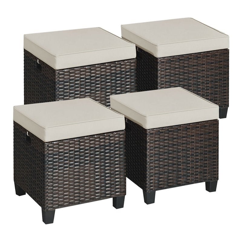 Pemberly Row 4 Pieces Rattan Outdoor Patio Ottoman with Cushion Seat in Brown