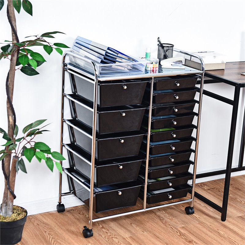 Pemberly Row Scrapbook Paper Rolling Storage Cart with 15 Drawers in Black