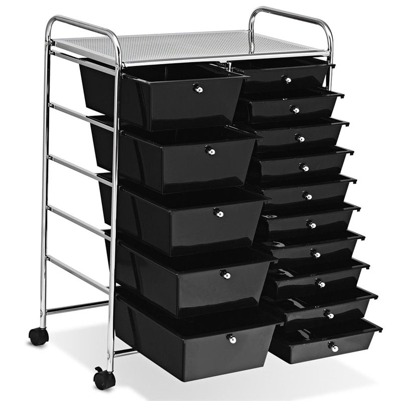Pemberly Row Scrapbook Paper Rolling Storage Cart with 15 Drawers in Black