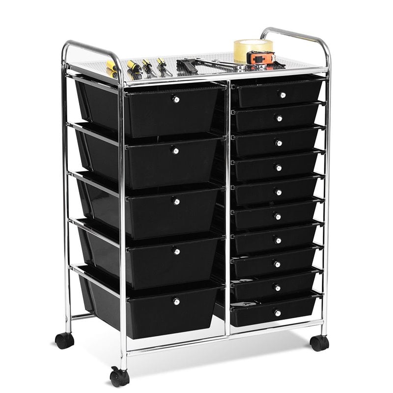 Pemberly Row Scrapbook Paper Rolling Storage Cart with 15 Drawers in Black