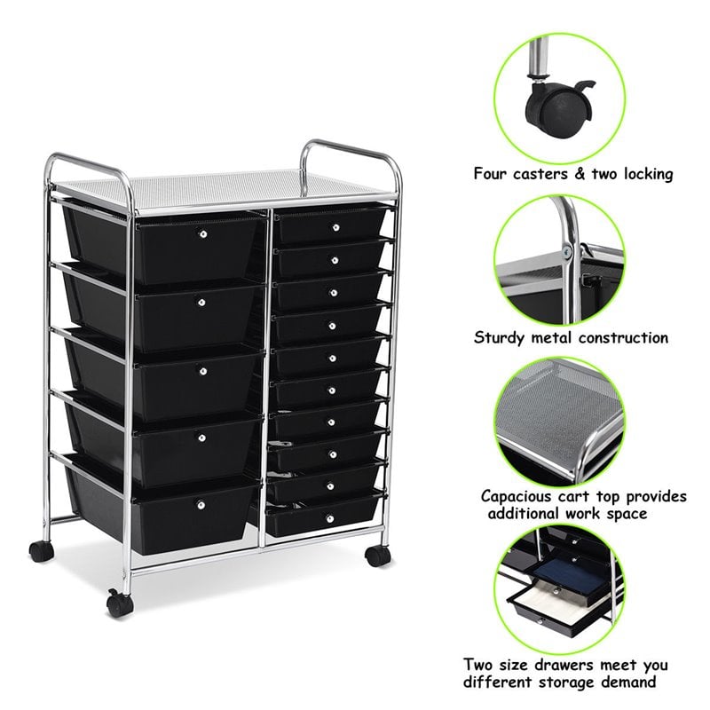 Pemberly Row Scrapbook Paper Rolling Storage Cart with 15 Drawers in Black