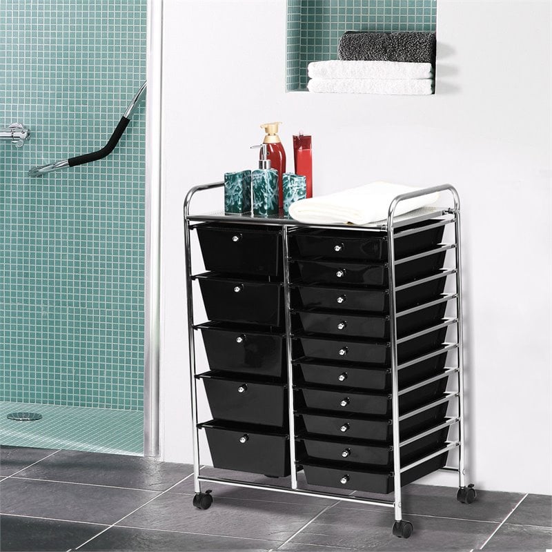 Pemberly Row Scrapbook Paper Rolling Storage Cart with 15 Drawers in Black