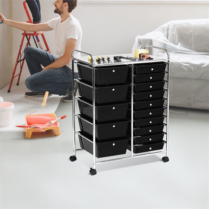 Pemberly Row Scrapbook Paper Rolling Storage Cart with 15 Drawers in Black