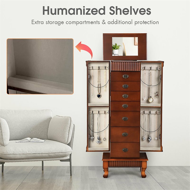 Pemberly Row MDF and Glass Jewelry Cabinet with 2 Swing-out Doors in Brown