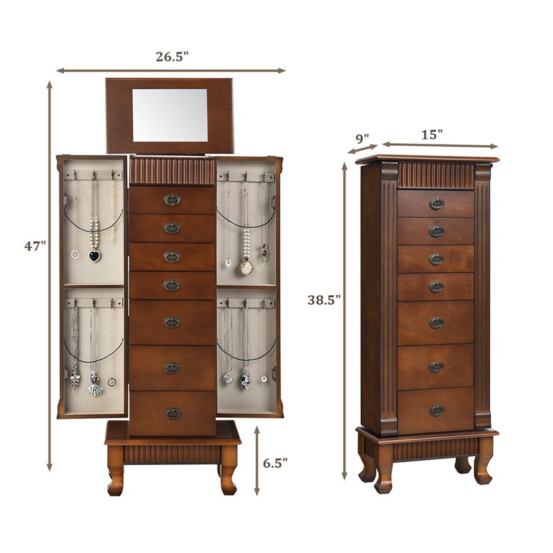 Pemberly Row MDF and Glass Jewelry Cabinet with 2 Swing-out Doors in Brown