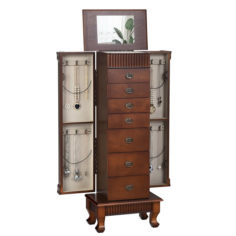 Pemberly Row MDF and Glass Jewelry Cabinet with 2 Swing-out Doors in Brown