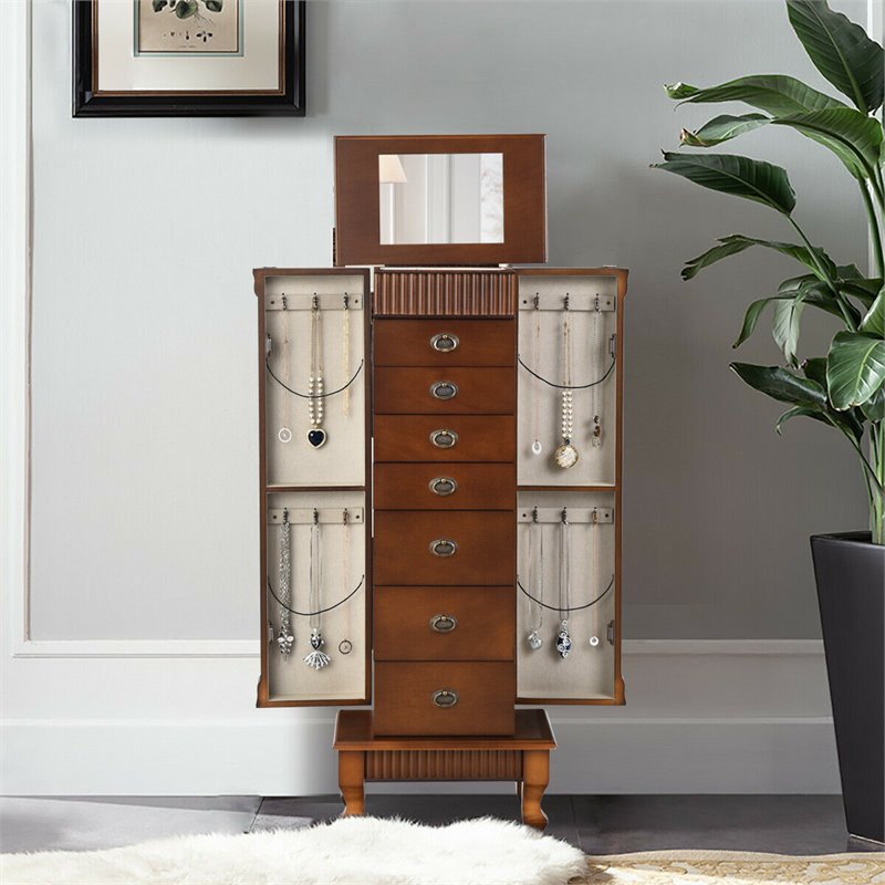 Pemberly Row MDF and Glass Jewelry Cabinet with 2 Swing-out Doors in Brown