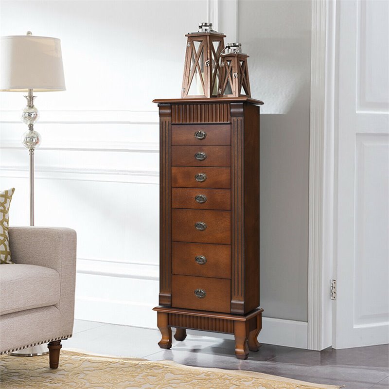 Pemberly Row MDF and Glass Jewelry Cabinet with 2 Swing-out Doors in Brown