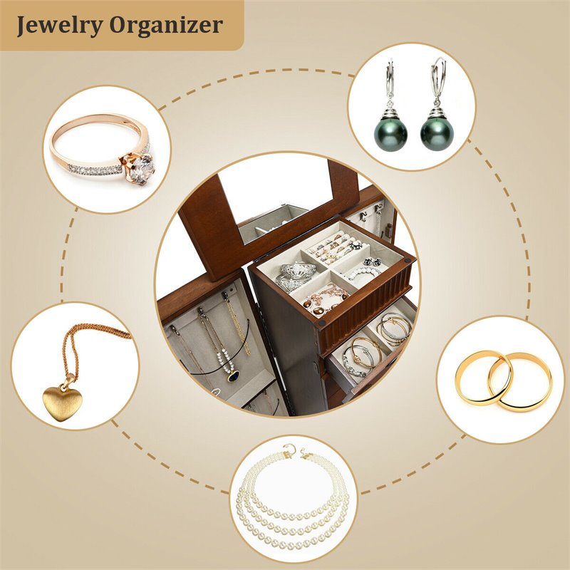 Pemberly Row MDF and Glass Jewelry Cabinet with 2 Swing-out Doors in Brown