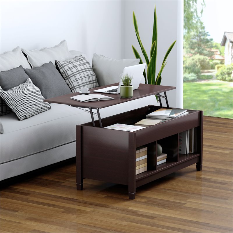 Pemberly Row Solid Wood Lift Top Coffee Table with Storage Shelves in Brown
