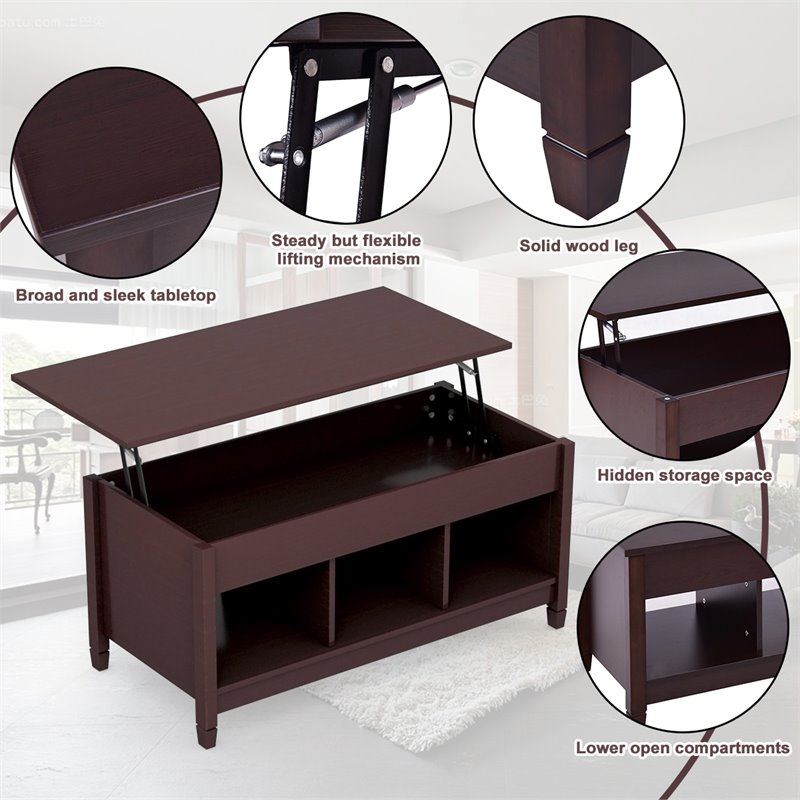 Pemberly Row Solid Wood Lift Top Coffee Table with Storage Shelves in Brown
