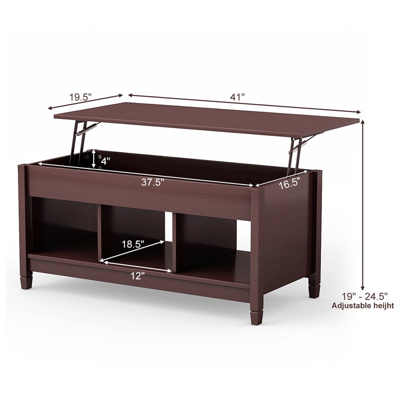 Pemberly Row Solid Wood Lift Top Coffee Table with Storage Shelves in Brown