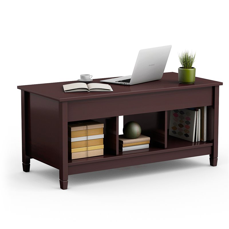 Pemberly Row Solid Wood Lift Top Coffee Table with Storage Shelves in Brown