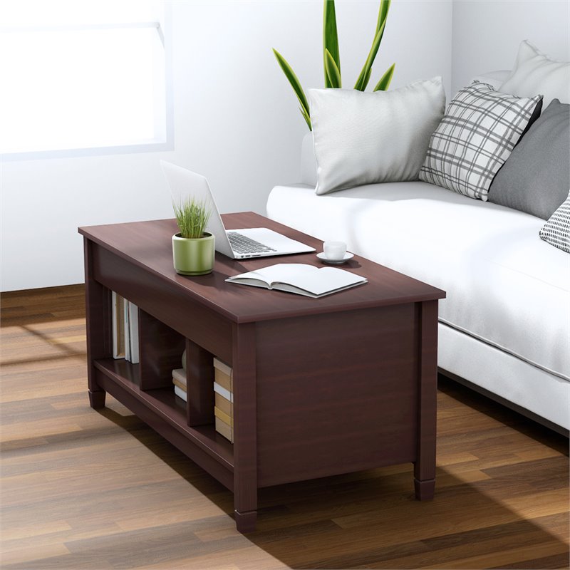 Pemberly Row Solid Wood Lift Top Coffee Table with Storage Shelves in Brown