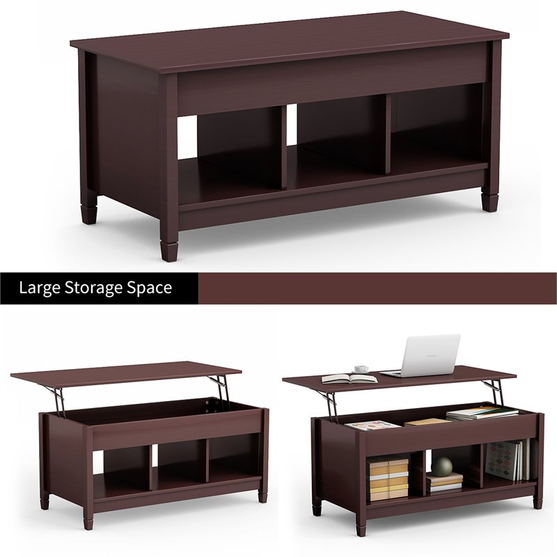 Pemberly Row Solid Wood Lift Top Coffee Table with Storage Shelves in Brown