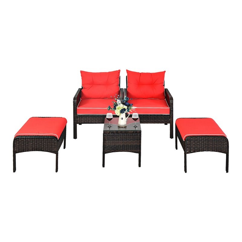 Pemberly Row 5-piece Contemporary Rattan and Steel Patio Furniture Set in Red
