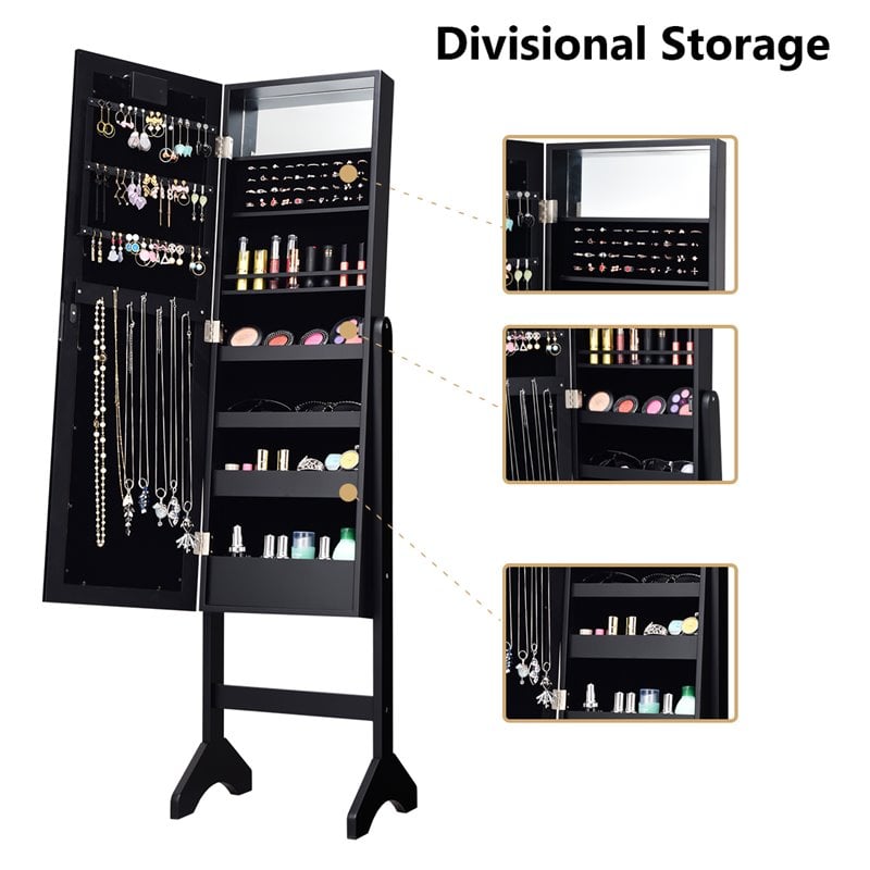 Pemberly Row MDF Board Mirrored Jewelry Cabinet w/ 18 LED Lights in Black Finish