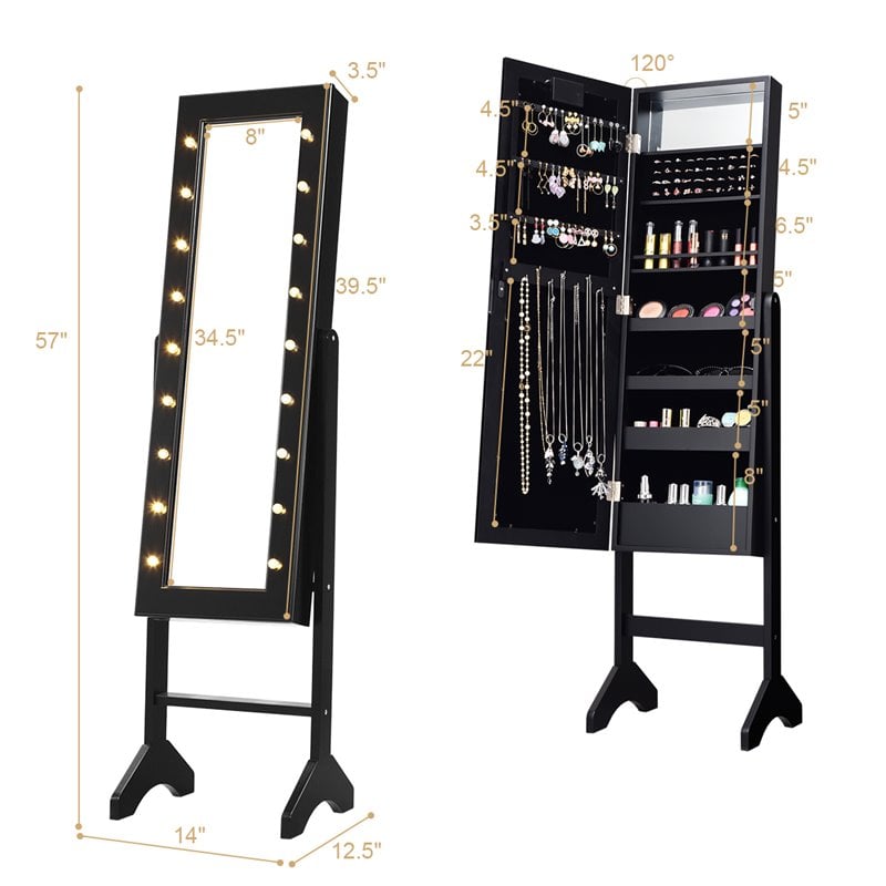 Pemberly Row MDF Board Mirrored Jewelry Cabinet w/ 18 LED Lights in Black Finish