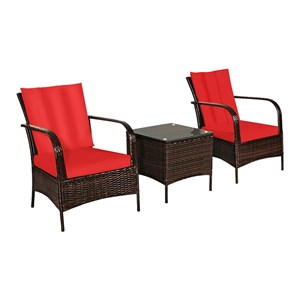 Pemberly Row 3-piece Rattan Patio Furniture Set with Red Cushion in Mix Brown
