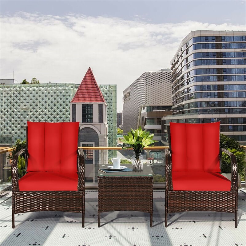 Pemberly Row 3-piece Rattan Patio Furniture Set with Red Cushion in Mix Brown