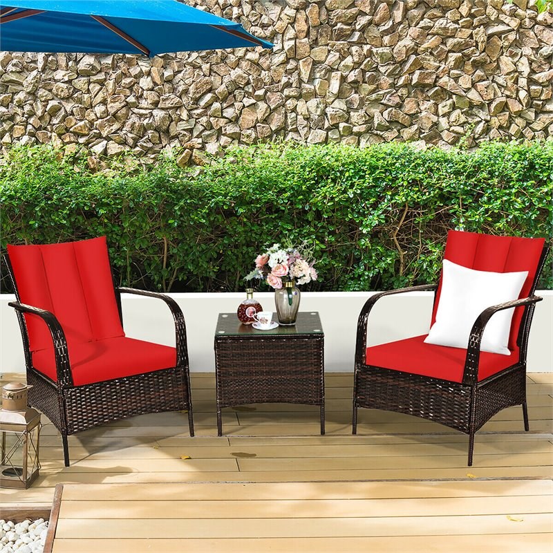 Pemberly Row 3-piece Rattan Patio Furniture Set with Red Cushion in Mix Brown