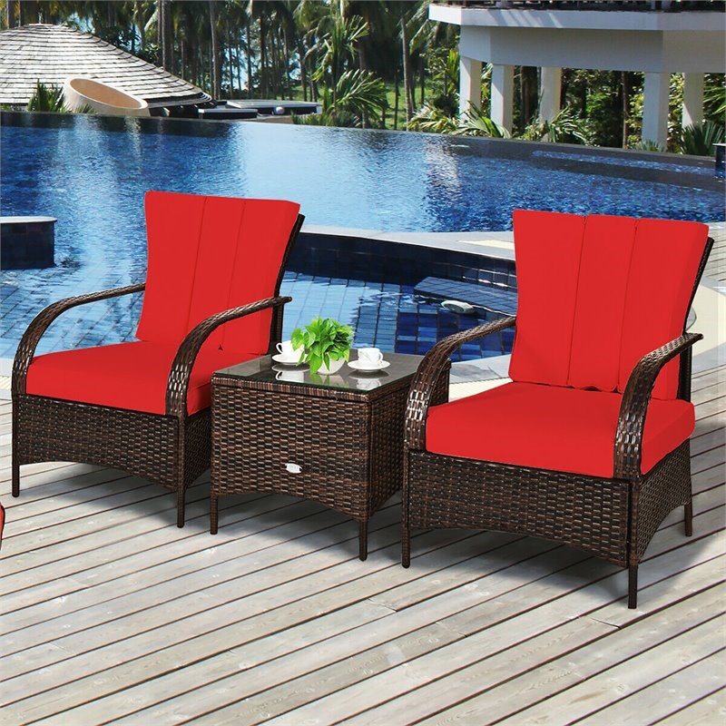 Pemberly Row 3-piece Rattan Patio Furniture Set with Red Cushion in Mix Brown
