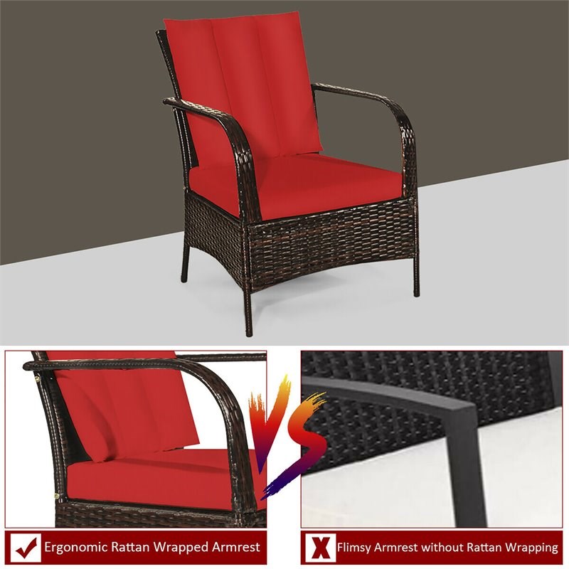 Pemberly Row 3-piece Rattan Patio Furniture Set with Red Cushion in Mix Brown