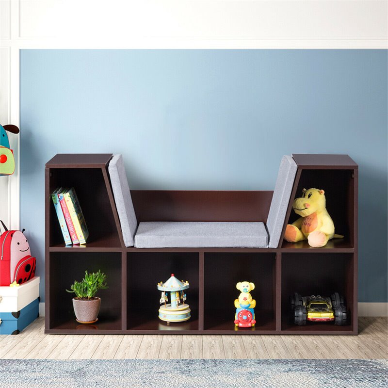 Pemberly Row Particle Board Multi-Purpose Kid Bookcase with 6 Cubby in Brown
