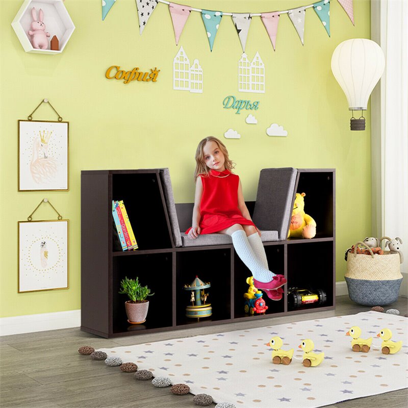 Pemberly Row Particle Board Multi-Purpose Kid Bookcase with 6 Cubby in Brown
