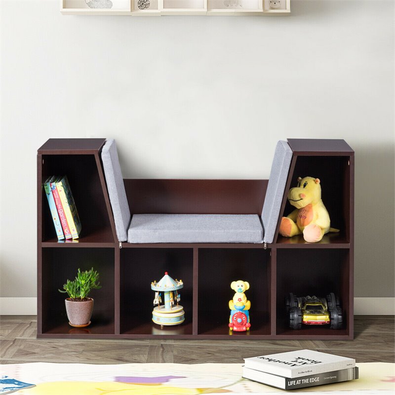 Pemberly Row Particle Board Multi-Purpose Kid Bookcase with 6 Cubby in Brown