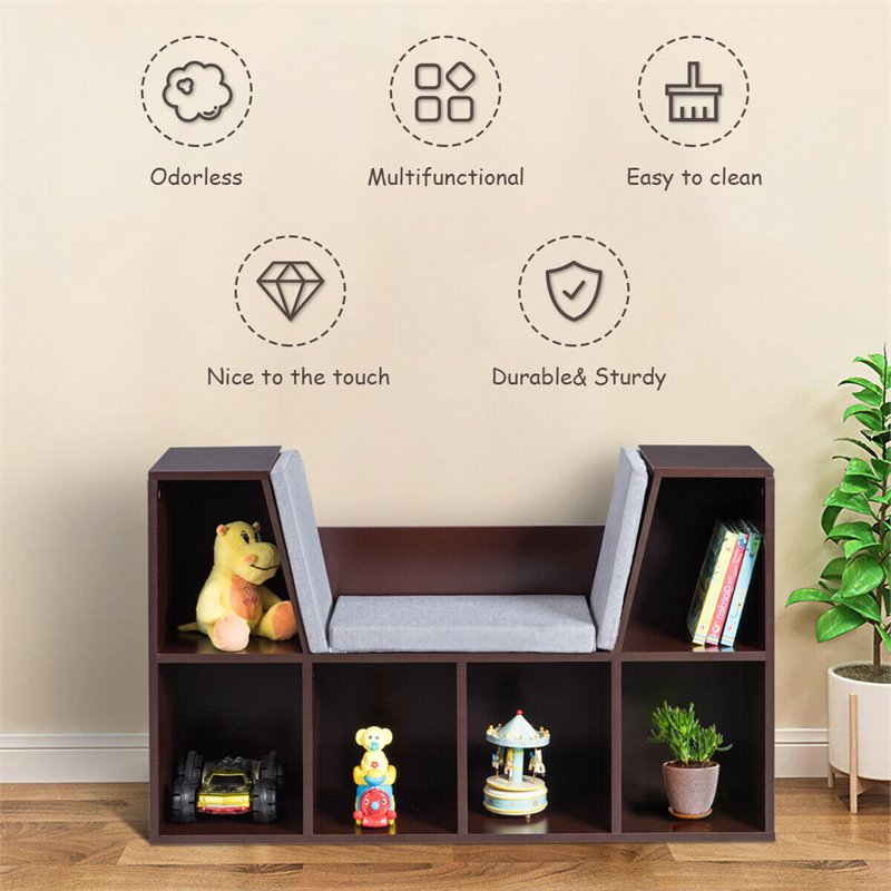 Pemberly Row Particle Board Multi-Purpose Kid Bookcase with 6 Cubby in Brown